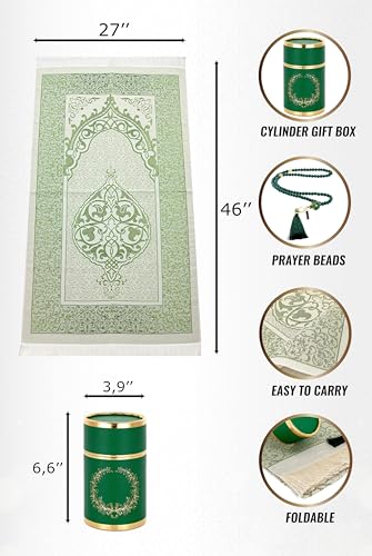 ihvan online Muslim Prayer Rug and Prayer Beads with Elegant Design Cylinder Gift Box, Janamaz, Soft Sajadah, Islamic Gifts Set, Portable Prayers Carpet Mat, Taffeta Fabric, Green - color: Green