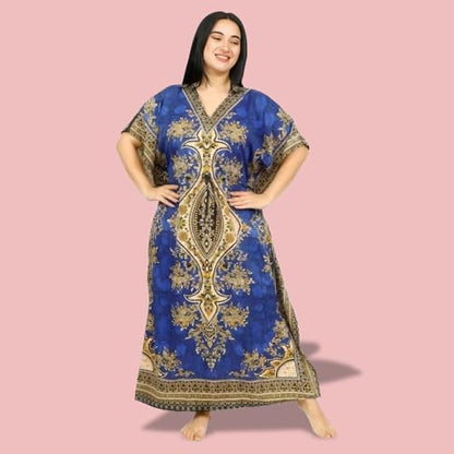 Women's Kaftan Dress – Loose Fit Maxi Gown – Kimono Style Beach Cover Up – Elegant Resort Wear and Nightwear - color: Blue