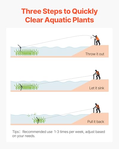 VEVOR Lake Weed Cutter, Pond Aquatic Plant Cutting Tool with 48 in Max. Cut Width, Sharp and Heavy-Duty Steel Blades, Pond Rake with 30 ft Throw Rope, for Cattail, Phragmites, Lilly Pads & Chara - size: 36-48in