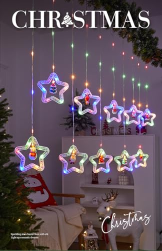 100L Christmas Star Curtain Lights with Decorative Ornaments - 10 Star Hanging Loop Lights, 0.4/0.6m Height, 2m Power Cord, Perfect for Christmas Decoration, Suitable for Everyone