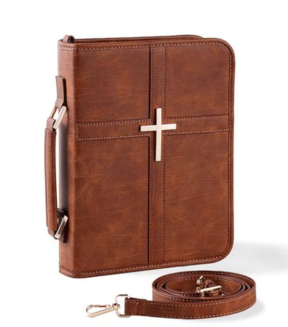 Vegan Leather Bible Cover Case, Bible Bag with Phone Pocket, Bible Case for Men Women, Christian Gift Box Packaging (Brown - with Strap) - color: Brown - With Strap