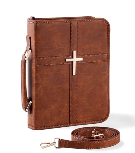 Vegan Leather Bible Cover Case, Bible Bag with Phone Pocket, Bible Case for Men Women, Christian Gift Box Packaging (Brown - with Strap) - color: Brown - With Strap