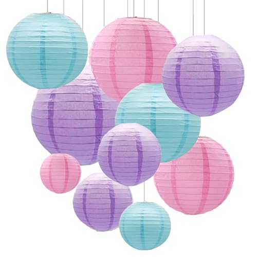 ZOOYOO 10Pcs Paper Lanterns,Pink Purple Blue Round Hanging Tissue Paper Lanterns Decorations for Birthday,Wedding,Baby Shower,Theme Party Garden Home Decor - color: Pink Purple Blue
