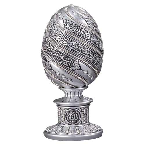 Islamic Table Decor Gift Egg Sculpture Statue Muslim Showpiece Home Decor Gifts Eid Ramadan Arabic Ayatul Kursi (7.5in Silver)