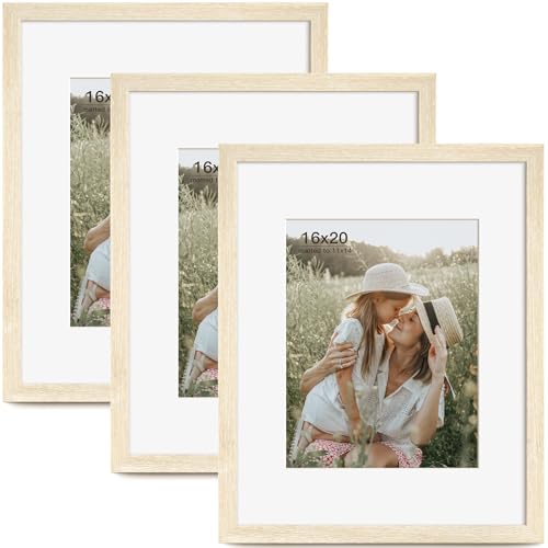 Momentworth 16x20 Picture Frame with Mat for 11x14 Set of 3, Natural Wood Grain 16x20 Frames for Wall Mounting (3 Pack, Natural) - color: Natural, size: 16x20 - 3 pack