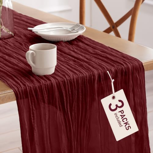 Pureegg 3 Pack Cheesecloth Table Runner 120 Inch Burgundy - color: Burgundy, size: 120" - 3 Packs
