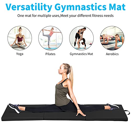 BLKMTY Gymnastics Mat, 2"x6' Folding Exercise Yoga Mat for Kids Tumbling | PU Leather Workout Mat, with Carrying Handles, For Home Gym Aerobic Fitness - color: Black