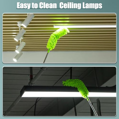 Microfiber Duster with Extension Pole 30 to 100'', Bendable Reusable Washable Feather Dusters for Cleaning High Ceiling Fan, Cobweb, Blinds, Keyboard, Furniture & Cars, Green Gift for Women (11 PCS)