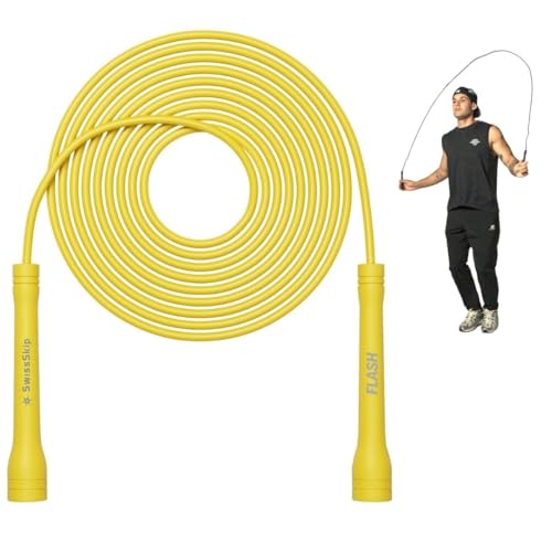 Swissskip Speed Jump Rope by Dayan Kolev, 5mm PVC Skipping Rope, Great for Beginners and Advanced Athlets, Designed for Fitness, Cardio, Boxing & CrossFit, Adjustable length with Unbreakable Handles - color: Yellow