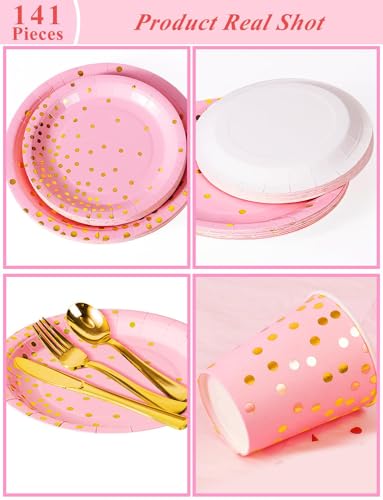 Nkaiso 141Pcs Pink Gold Paper Plates and Napkins Party Supplies-20 Guests - color: Pink and Gold