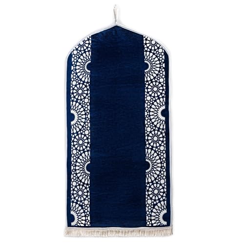 Modefa Turkish Islamic Prayer Mat - Chenille with Foam and Carrying Bag - Intricate Praying Rug Ramadan Eid Gift - Traditional Muslim Janamaz Seccade for Men Women - Mustaqim (Navy) - color: Navy