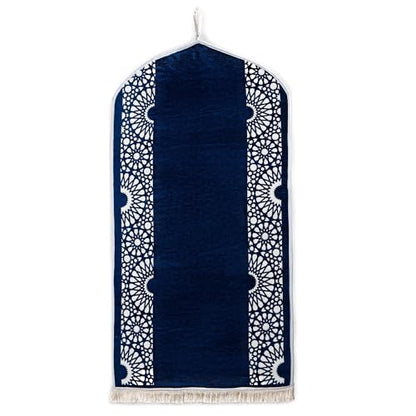 Modefa Turkish Islamic Prayer Mat - Chenille with Foam and Carrying Bag - Intricate Praying Rug Ramadan Eid Gift - Traditional Muslim Janamaz Seccade for Men Women - Mustaqim (Navy) - color: Navy