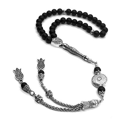 Stylist Prayer Beads (8 mm-33 Beads) Tesbih-Tasbih-Tasbeeh-Misbaha-Masbaha-Subha-Sebha-Sibha-Rosary-Worry Beads (Black Matte Agate Stone) - color: Black Matte Agate Stone