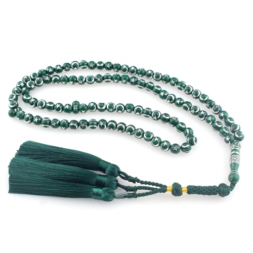 Muslims Islamic 99 Dhikr Tasbeeh Tasbih Prayer Beads, Green Resin Beads with Tassel