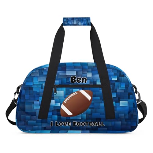 Custom Sports Bags for Boys I Love Football Blue Geometric Pattern | Personalized Named Practice Travel Overnight Training Bag - color: Color 18