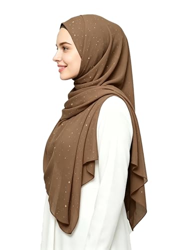 Lina & Lily Sparkle Shimmer Gold Glitter Women's Chiffon Hijab Head Scarf Shawl Wrap Lightweight - color: Mocha Brown