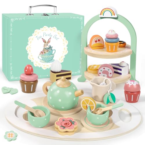 Wooden Tea Party Set for Little Girls, Toddler Pretend Play Food Kitchen Toys, Wooden Tea Set Tray Cake Dessert, Toddler Birthday for Girls Age 2-5 Years Old - style: B. Mint Polka Tea