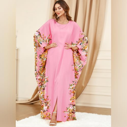 ODIZLI Ramadan Abaya for Women Muslim Batwing Sleeve Floral Print Prayer Dress Dubai Turkey Kaftan - color: Pink