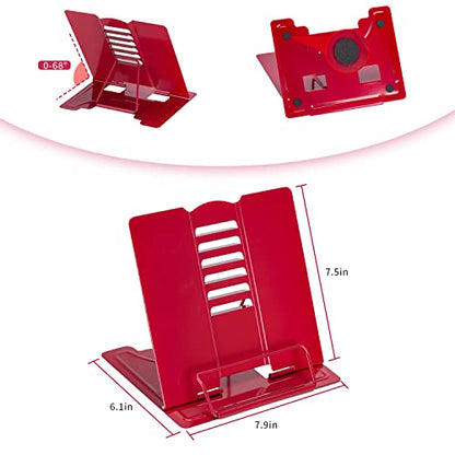 Metal Book Stand Adjustable Book Holder for Reading | Portable & Sturdy For Textbooks Cookbooks Sheet Music Papers Study - color: Full Red