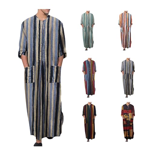 Men's Muslim Kaftan Thobe 3/4 Sleeve East Islamic Saudi Arabic Robes Lightweight Stripe Printed Dubai Caftan Gown - color: Blue, size: Small