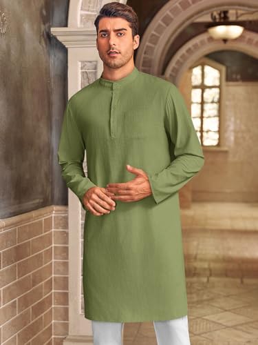Gafeng Mens Kaftan Robe Button Down Long Sleeve Henley Cotton Thobe Casual Side Split Gown Shirt - color: Army Green, size: Small