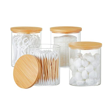 INIUNIK 4 Pack Glass Qtip Holder Dispenser Glass Apothecary Jars with Lids Cotton Ball Swab Pad Holder Bathroom Essential Canisters Accessories Jars for Bathroom Organization Vanity Organizers - size: 4 Pack