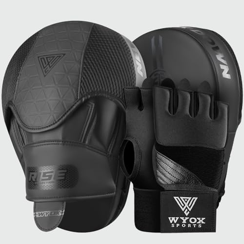 WYOX Gel Boxing Hand Wraps & Curved Focus Mitts Bundle for Men & Women Adults – 80cm Wrist Straps, Padded Knuckle Support, Neoprene Inner Glove Gel Padding, MMA Muay Thai Kickboxing Training Pads