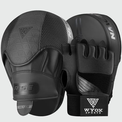 WYOX Gel Boxing Hand Wraps & Curved Focus Mitts Bundle for Men & Women Adults – 80cm Wrist Straps, Padded Knuckle Support, Neoprene Inner Glove Gel Padding, MMA Muay Thai Kickboxing Training Pads