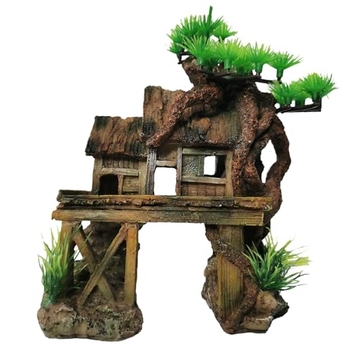 kathson Aquarium Decorations Fish Tank Ornaments House on Terrace with Tree Root Resin Handicrafts for Betta Fish