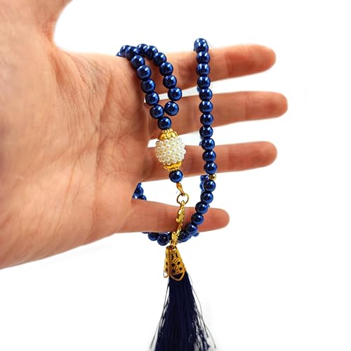 BAYKUL Muslim Prayer Beads 99, Islamic Rosary with Silver Allah Muhammad Engraved Tasbih, Zikr Namaz Worship Ramadan Tesbih Bracelet - color: Navy Blue Pearl