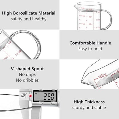 Luvan 18OZ/500ML Glass Measuring Cup, 2 Cup Glass Measuring Cups With 3 Scales (Ml/Oz/Cup), High Borosilicate Measuring Cup With Handle and V-Shaped Spout, Dishwasher/Freezer/Microwave Safe - color: 18Oz/2Cups/0.5L