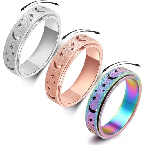 Anxiety Ring for Women Spinner Ring Fidget Ring Stainless Steel Spinner Rings Fidget Toys Adults Fidgit Rings Set Rose Gold Silver Rainbow Size 7 - size: Size 7, style: 3pcs-moon Star