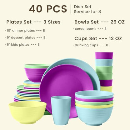 Homienly 40-Piece Kichen Dinnerware Set, Wheat Straw Dinnerware Set, Plates, Bowls, Drinking Cups, Service for 8, Dishwasher & Microwave Safe Dish Set, Unbreakable Plates and Bowls Set - Memphis - color: Memphis Series, size: 40 PCS