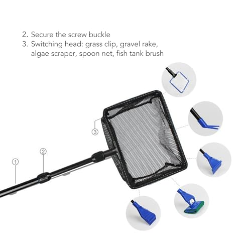 Fish Cleaning Tools, 5 in 1 Gravel Rake Scraper Plant Fork Sponge Brush Fish Net Comfortable Grip Aquarium Cleaning Tool Kit for Aquarium Telescopic Cleaning