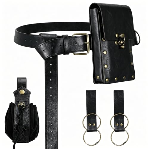 7PCS Renaissance Belt Pouch Set Medieval Pirate Costume Accessories (Black JH) - color: Black JH