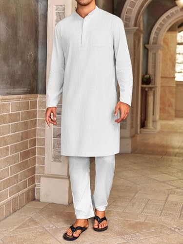 Gafeng Mens Kaftan Robe Button Down Long Sleeve Henley Cotton Thobe Casual Side Split Gown Shirt - color: White, size: XX-Large