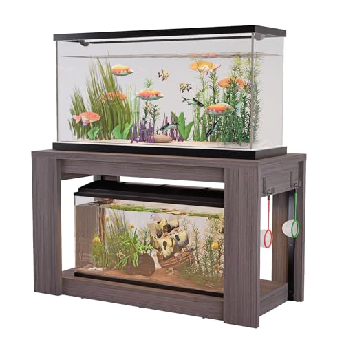 Farmhouse 75–120 Gallon Aquarium Stand for Fish or Reptile Tank, 48"x24" Tabletop Terrarium Stand with Power Outlet and Storage Shelves, Natural Brown Fish Tank Stand, 1500LBS Capacity,Gray Wood