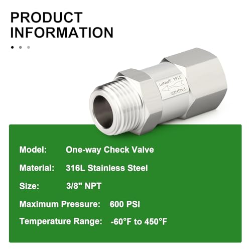 1PCS 316L Stainless Steel 3/8" NPT Male x 3/8" NPT Female Check Valve,Backflow Prevention,One Way Non-Return Check Valves - size: 3/8" (Fx M)NPT