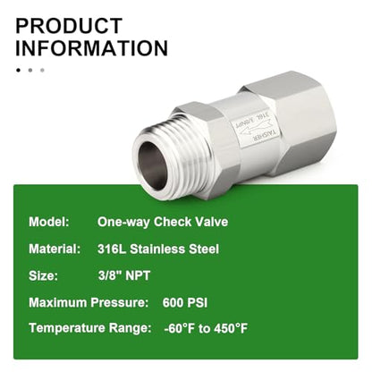 1PCS 316L Stainless Steel 3/8" NPT Male x 3/8" NPT Female Check Valve,Backflow Prevention,One Way Non-Return Check Valves - size: 3/8" (Fx M)NPT