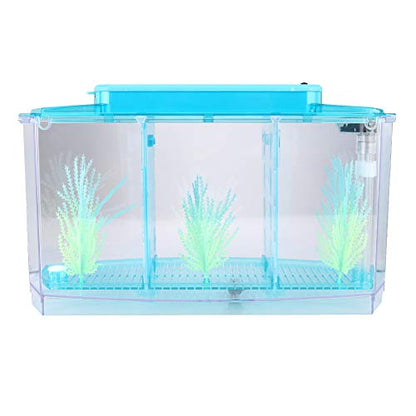 Aquarium Fish , Three Divisions Breeding Isolation Mini Aquarium komplettset LED Acrylic Box for Small Fishes() (Blue)