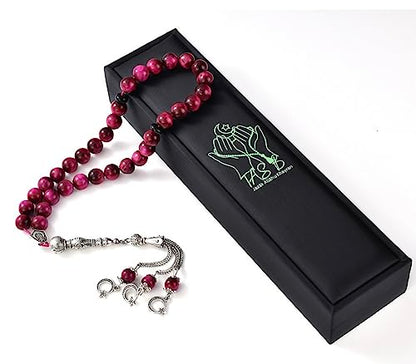 TAS B Tasbih Prayer Beads 33 Pink Tiger Eye Stone (33 Beads - 10 mm) - Masbaha Muslim Rosary - Zikr, Dhikr Subha - Chapelet - Tasbeeh - Islamic Gifts for Women - Handmade Sibha - Eid Gifts