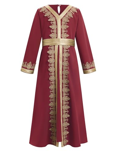 IWEMEK Abaya for Girls Muslim Prayer Dress Kids Islamic Dubai Eid Ramadan Clothes Wedding Saudi Arabic Kaftan Dress with Belt - color: Burgundy, size: 3-4T