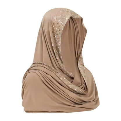 Women Elegant Long Scarf Muslim Islamic Ramadan Eid Hijab Prayer Scarf Silk Jersey Turban Headwrap Lightweight Shawl - color: B-khaki