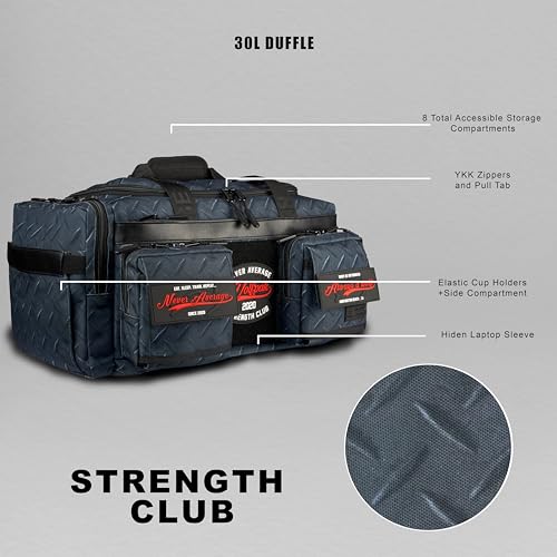 WOLFpak 30L Perfect Duffle Bag (Strength Club) Tactical Gym Bag Hardshell Base 1000D Waterproof Travel Carry On with Shoe Compartment, Dual Cup Holders, Laptop Sleeve & Molle Straps - color: Strength Club