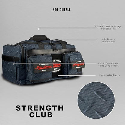 WOLFpak 30L Perfect Duffle Bag (Strength Club) Tactical Gym Bag Hardshell Base 1000D Waterproof Travel Carry On with Shoe Compartment, Dual Cup Holders, Laptop Sleeve & Molle Straps - color: Strength Club