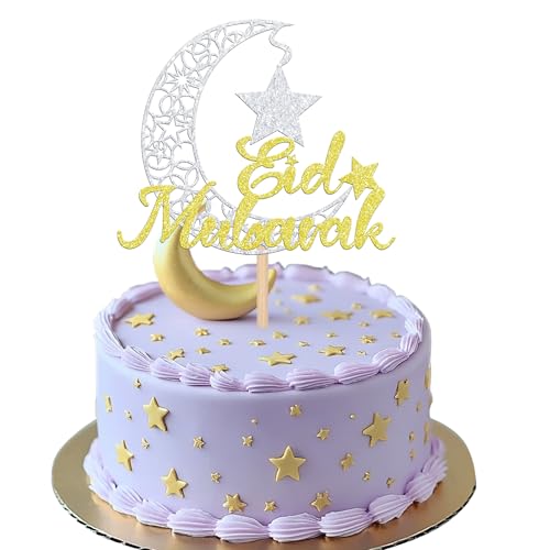 1 PCS Eid Mubarak Cake Topper Glitter Moon Star Cake Pick Islamic Muslim Eid Mubarak Cake Decorations for Festival Ramadam Kareem Theme Ramadan Party Cake Decorations Supplies Silver Gold - color: Style 7-silver Gold