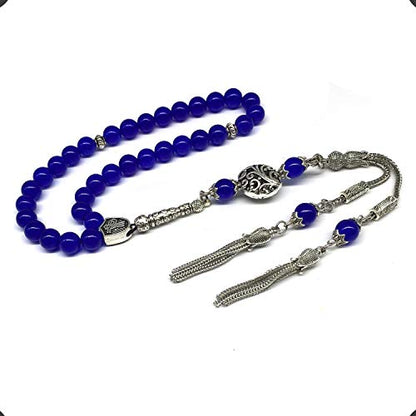 Design - Long & Stylist Tassels Worry Beads - Prayer Beads (8 mm-33 Beads) Tesbih-Tasbih-Tasbeeh-Misbaha-Subha-Sebha-Sibha-Rosary (Blue Agate Natural Stone) - color: Blue Agate Natural Stone