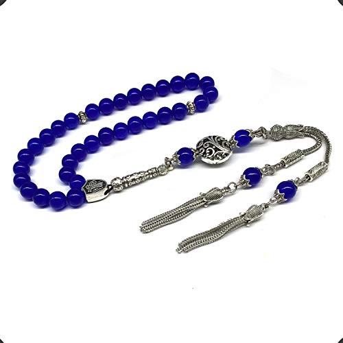 Design - Long & Stylist Tassels Worry Beads - Prayer Beads (8 mm-33 Beads) Tesbih-Tasbih-Tasbeeh-Misbaha-Subha-Sebha-Sibha-Rosary (Blue Agate Natural Stone) - color: Blue Agate Natural Stone