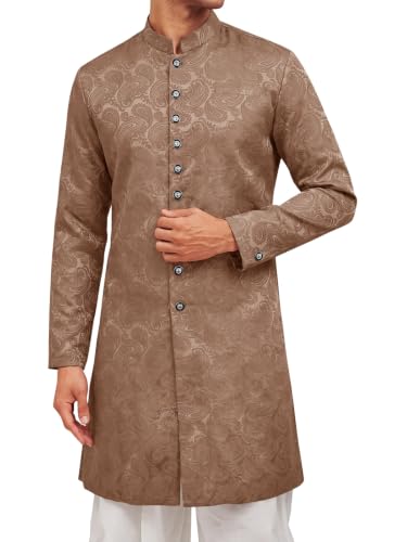 Runcati Mens Kurta Sherwani Coats Kaftan Indian Ethnic Royal Textured Suits - color: Flower- Light Brown, size: Large