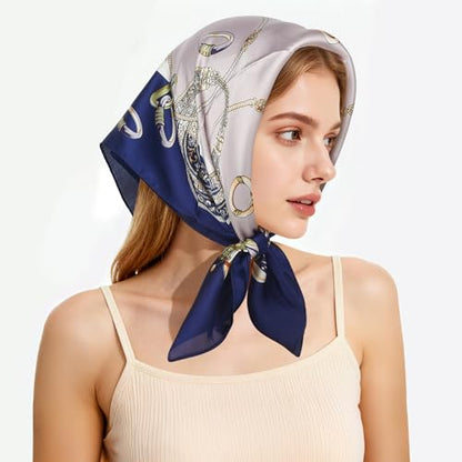 27" Head Scarf Like Satin Silk for Women,Hair Scarves Bandana,Headband Silk Feeling for Hair Wrap - color: Dark Blue and White Gold